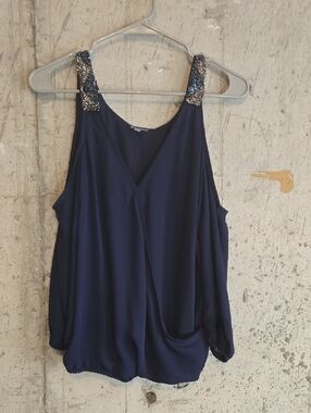 Charlotte Russe Navy Cold-Shoulder Tank with Beaded Straps